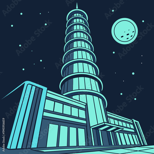 A futuristic building with a tall tower stands under a night sky with a full moon and stars, depicted in a minimalist vector graphic style.