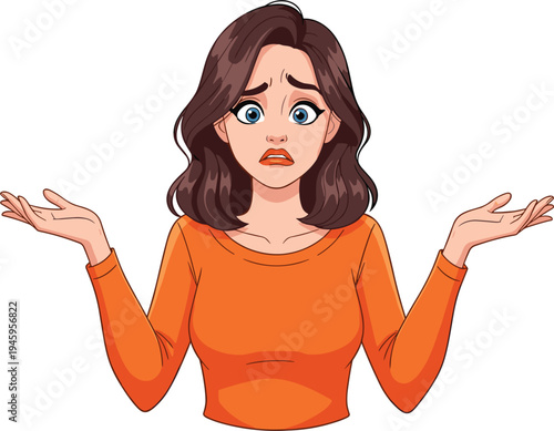 Confused young woman character with shrugging shoulders and open palms expression of doubt or ignorance wearing orange sweater isolated on white background.