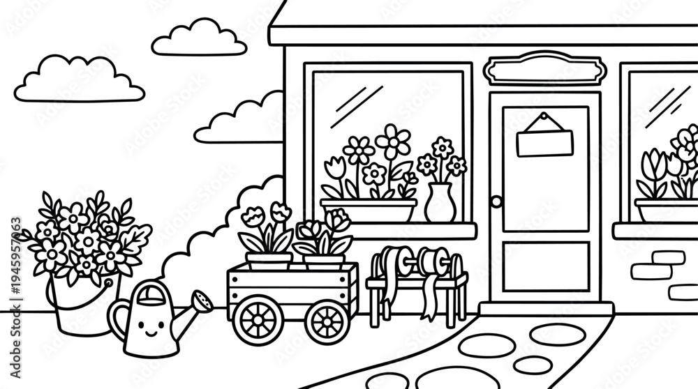 Naklejka premium Black and white line art garden shop exterior with potted flowers watering can and ribbon dispenser in flat outline style