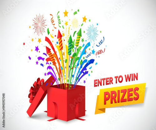 Prizes competition concept with gift box and fireworks