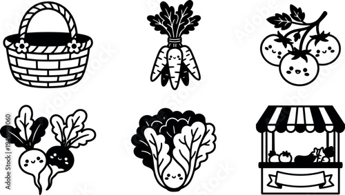 Cute black and white vector art set with smiling vegetables carrots tomatoes radishes lettuce basket and market stall icons