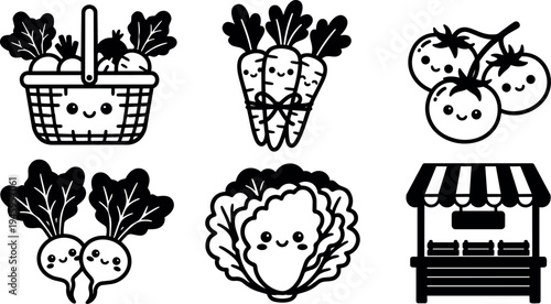 Cute kawaii style fresh vegetable basket with leafy greens three carrots smiling tomatoes two radishes and fresh lettuce vegetable market stand simple vector art