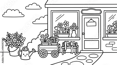 Black and white line art garden shop exterior with potted flowers watering can and ribbon dispenser in flat outline style