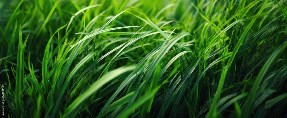 Fototapeta premium The grass blades swaying in vibrant green under soft glowing morning sunlight