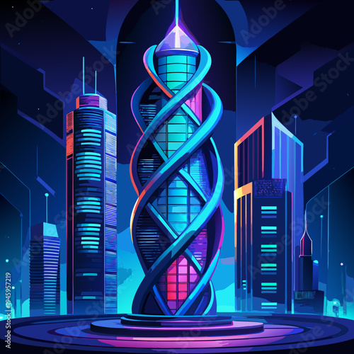 A futuristic cityscape with a DNA helix-shaped skyscraper and neon lights