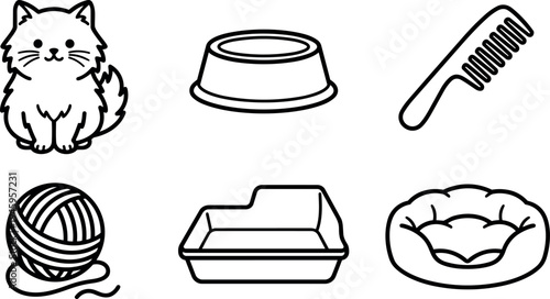 Simple line art minimalist cat sitting near food bowl comb yarn ball litter box and pet bed vector icons set