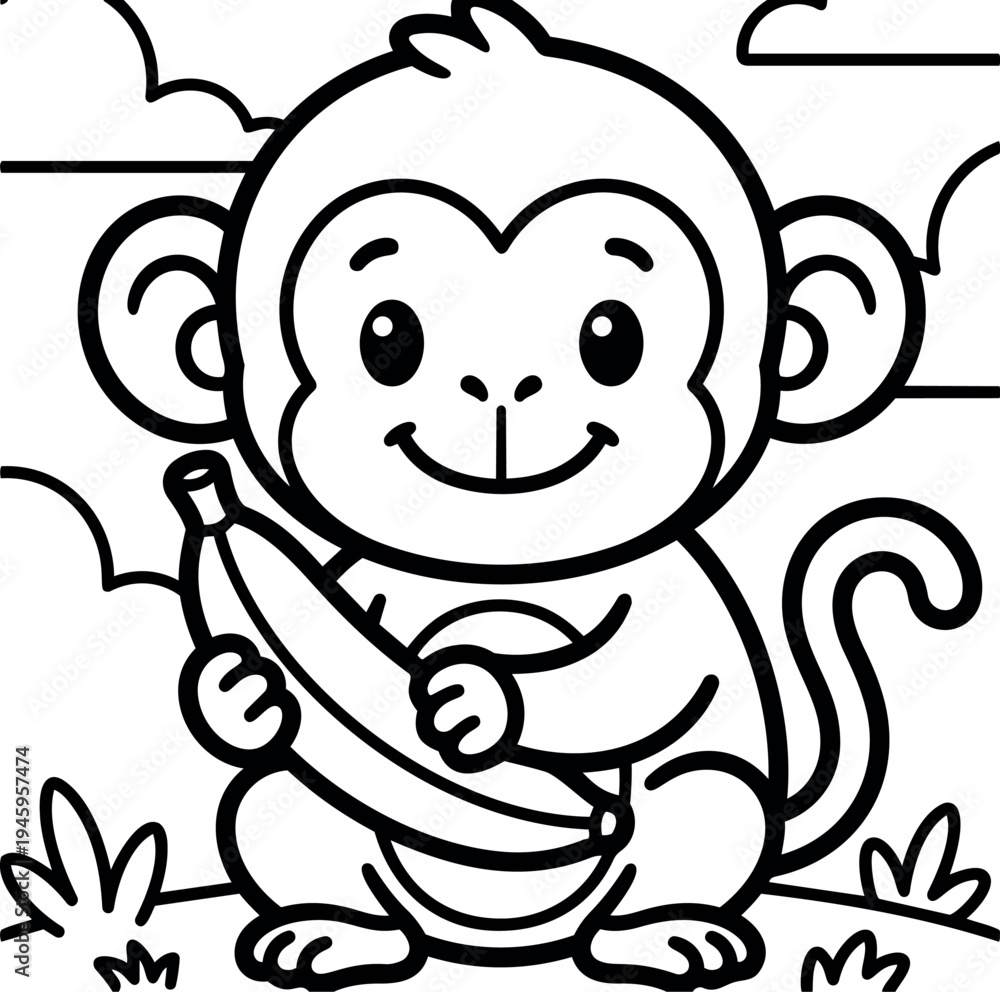 Obraz premium Cute smiling cartoon monkey holding a large banana sitting on grassy hill with clouds in background line art vector