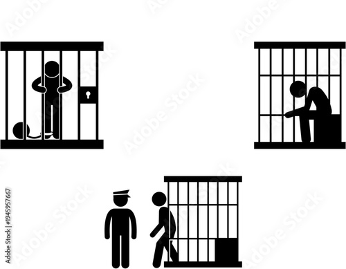Stick figures depicting various scenes of incarceration, including a prisoner in a cell, a dejected inmate, and an arrest leading to imprisonment.