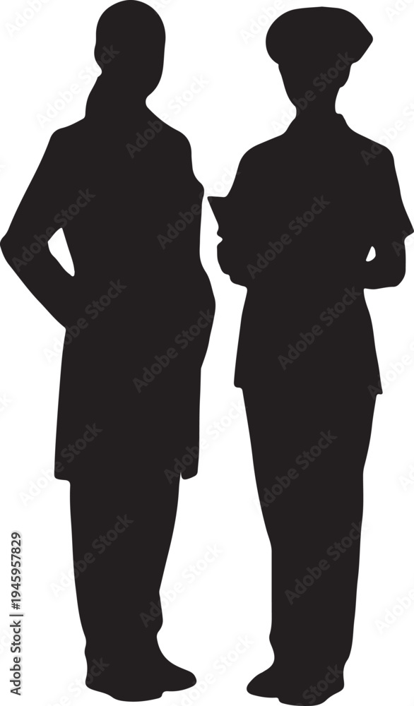 Fototapeta premium Two silhouetted people standing indoors facing each other in discussion