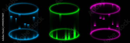 Coloufull glowing 3d cylinder glass room teleport portal overlay for futuristic science fiction scenes on transparent background.