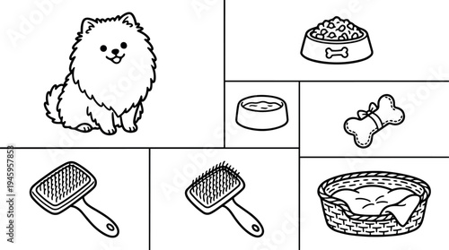 Black and white line art small fluffy dog with pet food bowl brush comb bone and basket accessories set