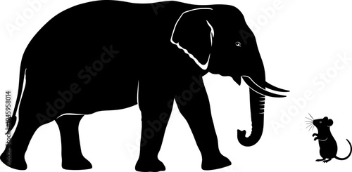 Black Elephant and Mouse Silhouette Vector Illustration Representing Contrast Big vs Small Metaphor Giant Animal and Tiny Rodent for Comparison Storytelling and Graphic Design
