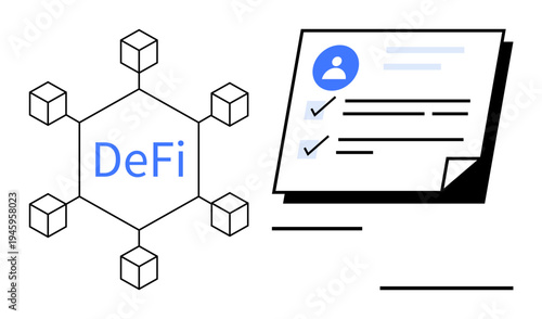 Blockchain hexagonal network with DeFi core connected to nodes, next to a profile document with checklist. Ideal for finance, technology, blockchain, user identity, decentralization, innovation
