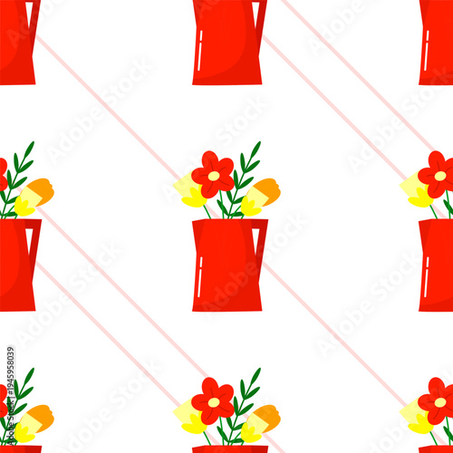 Floral Teapot Seamless Pattern with Red Teapot, Flower Bouquet and Diagonal Lines on White Background