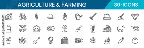 Agriculture Farming Thin Line Icon Set