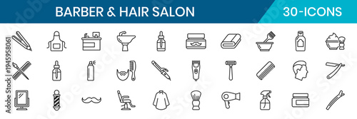 Barber Hair Salon Thin Line Icon Set
