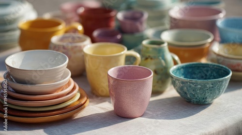 Collection of colorful ceramic dishes and cups arranged on a table. there are several bowls and plates of different sizes and colors, including white, orange, yellow, pink, blue, and green.