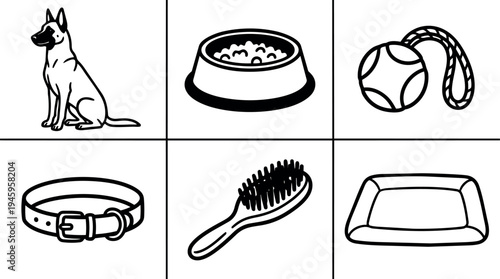 Black and white line art dog sitting with collar food bowl brush chew toy and pet bed icons collection