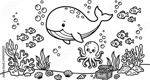 Cute smiling whale swimming with happy octopus and school of fish around colorful coral and treasure chest underwater scene vector art