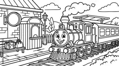 Black and white vector art smiling steam train engine arriving at platform with luggage on bench and background landscape scene