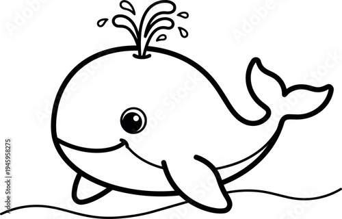 Cute smiling whale spouting water with happy expression swimming over simple ocean waves black and white line art