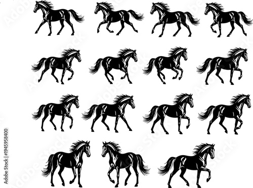 Black Horse Silhouette Collection Featuring Various Running Trotting and Galloping Poses for Equestrian Sports Logos Wild Mustang Animation Sequences and Farm Animal Vector Graphics