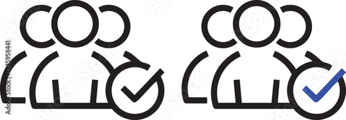 Team Approval Icon: An abstract depiction of three figures with a circular checkmark symbol, visually representing the concept of team approval and agreement, often used in business contexts.