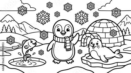 Black and white line art illustration of happy penguin wearing scarf waving near playful seal lying on ice with jumping fish and igloo background