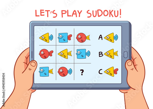 Cute children sudoku puzzle with colorful cartoon fish on a tablet screen. Educational logic game for kids to practice thinking, pattern recognition, and problem-solving skills