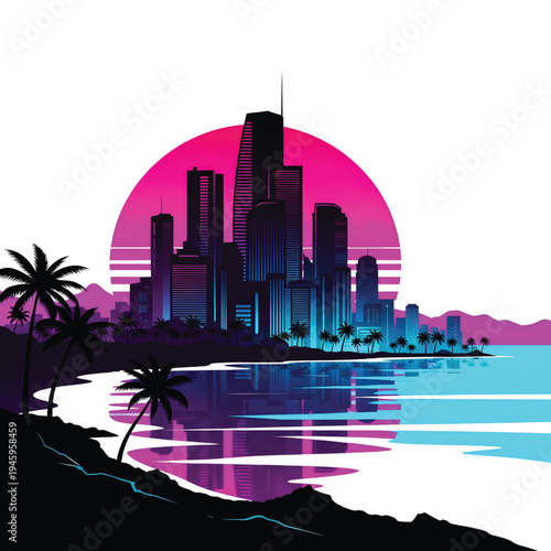 Retro cityscape with palm trees and a vibrant sunset reflecting on the water, evoking a sense of tropical nostalgia and urban allure