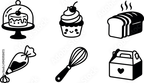 Black and white simple vector icons of cake under dome cupcake with cherry loaf of bread piping bag whisk and bakery gift box with heart design