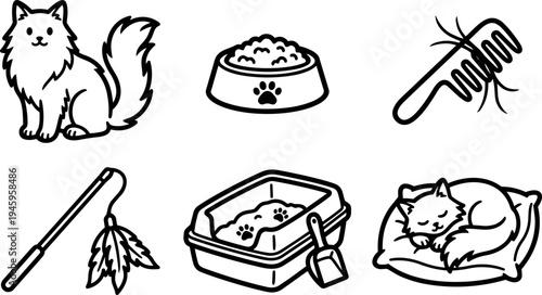 Simple black and white line art set of cat with food bowl comb cat toy litter box and sleeping cat on pillow in vector style