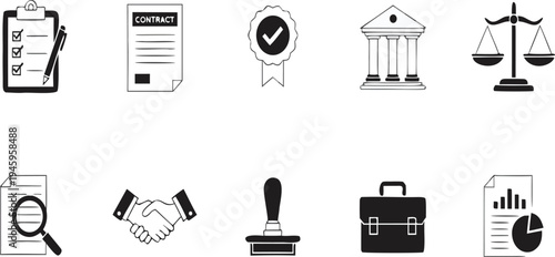 Legal Business Services Line Icons Set for Web and App UI – Courthouse, Judge Gavel, Contract Document, Security Shield, Handshake, Briefcase