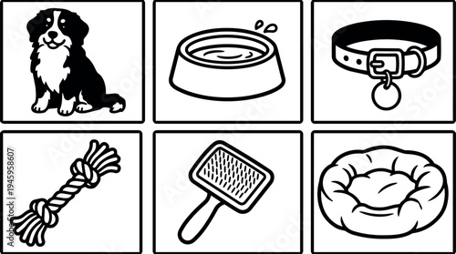 Black and white vector art set of sitting fluffy dog water bowl collar rope toy brush and cozy pet bed icons