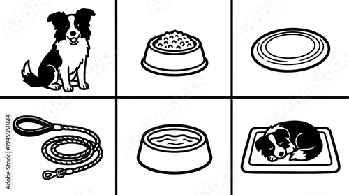 Black and white vector art of border collie dog sitting eating sleeping with food bowl water bowl leash and frisbee pet care icons