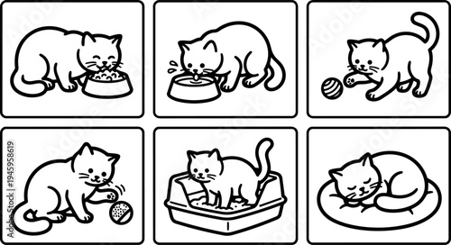 Black line art cat eating drinking playing with ball using litter box and sleeping curled up on bed icons set