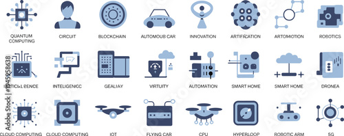 Comprehensive Collection of Modern Technology Icons Featuring Quantum Computing, Artificial Intelligence, Blockchain, Robotics, Automation, Smart Home, and Cloud Computing Flat Illustrations