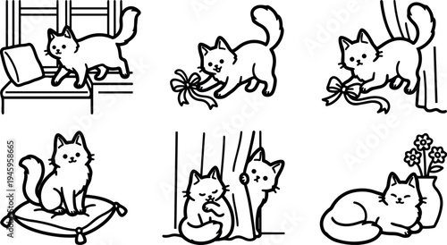 Black and white line art cats playing with ribbon sitting on cushion peeking from curtain and resting near flower vase set