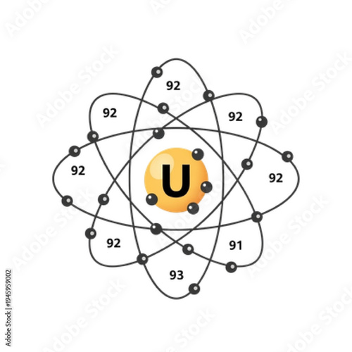Uranium U-235 Atom Vector Icon, Simple Line Art of Atomic Nucleus with Orbiting Electrons, Nuclear Fuel and Physics Science Education Symbol Design.