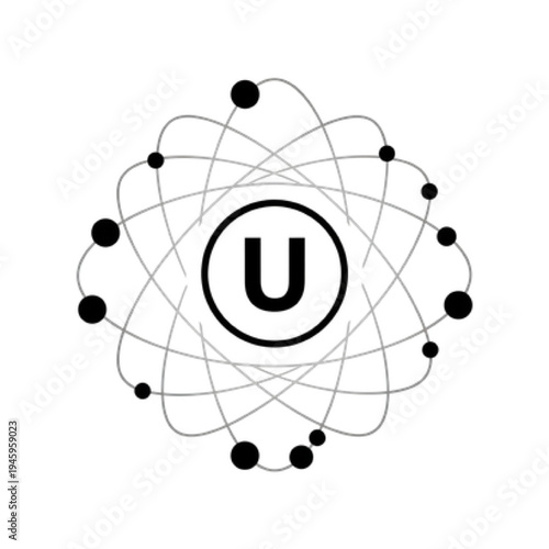 Uranium U-235 Atom Vector Icon, Simple Line Art of Atomic Nucleus with Orbiting Electrons, Nuclear Fuel and Physics Science Education Symbol Design.
