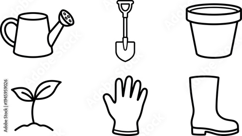 Minimalist line art gardening icons with watering can shovel plant seedling glove and boot set