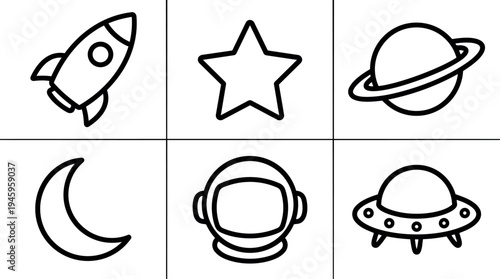Simple black line space themed icons including rocket ship star crescent moon astronaut helmet and flying saucer set