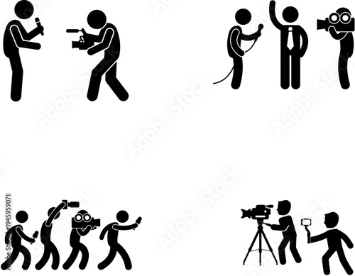 Stick figures illustrating news reporting, interviewing, and videography activities.