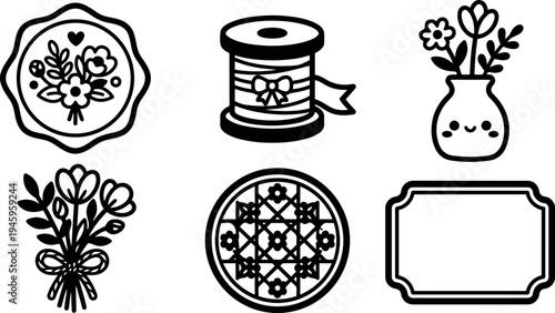 Flat design black line art set of floral bouquet stamp ribbon spool smiling flower vase mandala pattern and decorative label frame