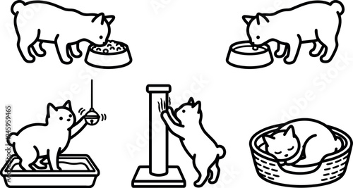 Black and white line art of small dog and cat eating playing scratching and sleeping in simple outline vector style
