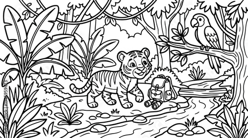 Cute smiling tiger cub exploring jungle riverbank with binoculars and backpack near parrot on tree branch
