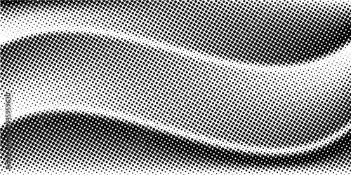 Hexagon halftone gradient texture. Abstract black grunge background. Geometric retro halftone tech overlay. Fading wavy hexagonal pattern backdrop. Vector vanishing honeycomb grunge bitmap wallpaper