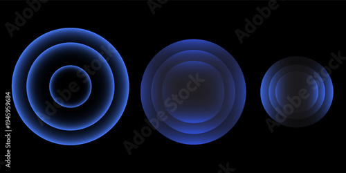 Sonic waves, WiFi signal glowing elements, radar sensor light effects, round wireless network neon symbols. Vector illustration.