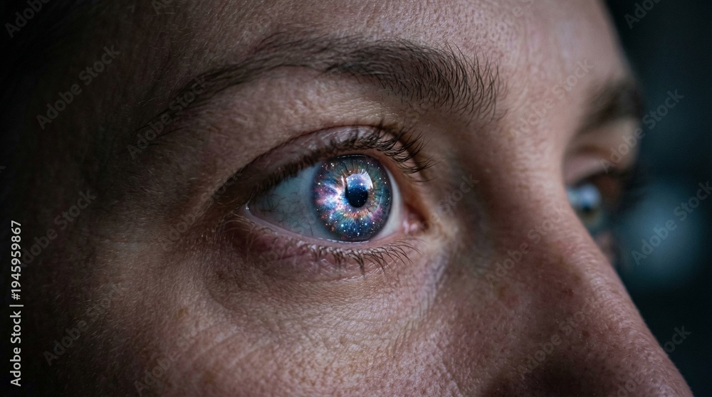 Fototapeta premium Contemplative eyes reflecting starry nebula, introspective