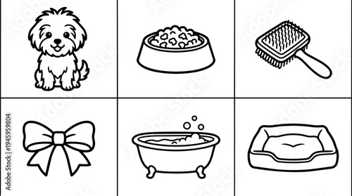 Vector art of happy fluffy dog with food bowl grooming brush gift bow bubble bath and cozy pet bed icons set